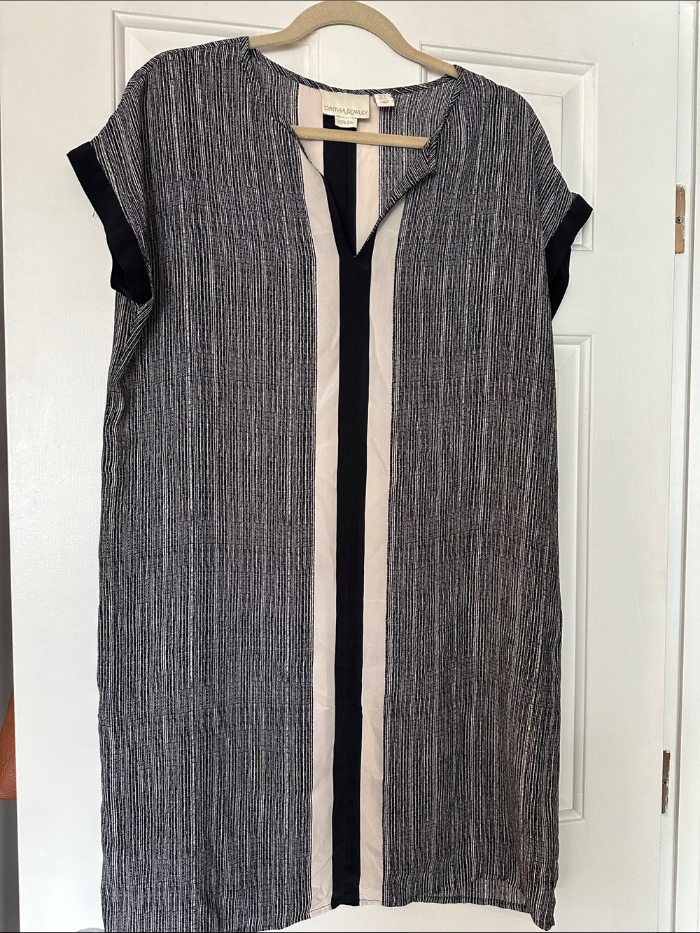 Cynthia Rowley Black and Cream Silk Striped Midi Dress